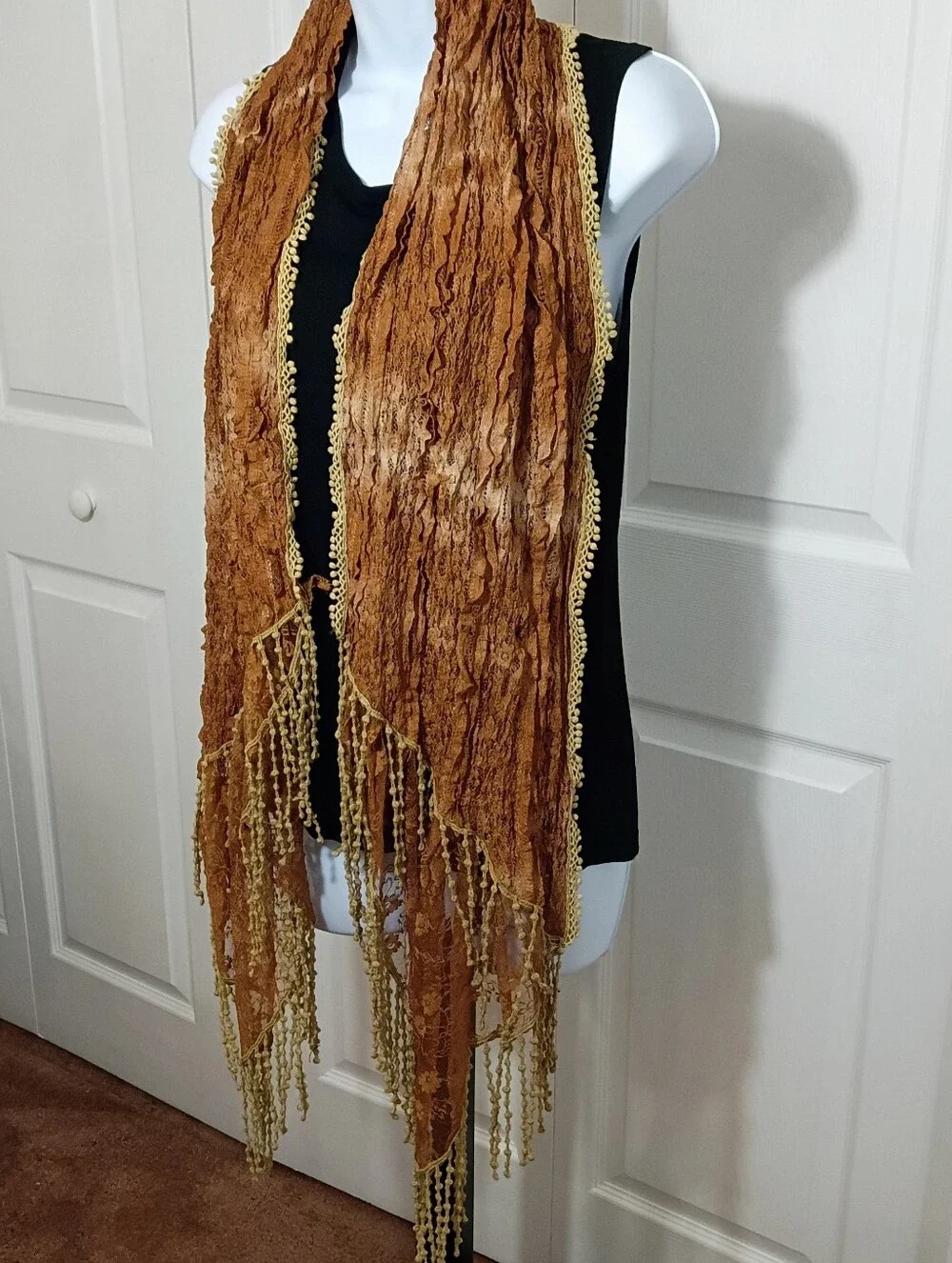 Browning Brown & Tan Lace Scarf with Cream Fringe Trim
